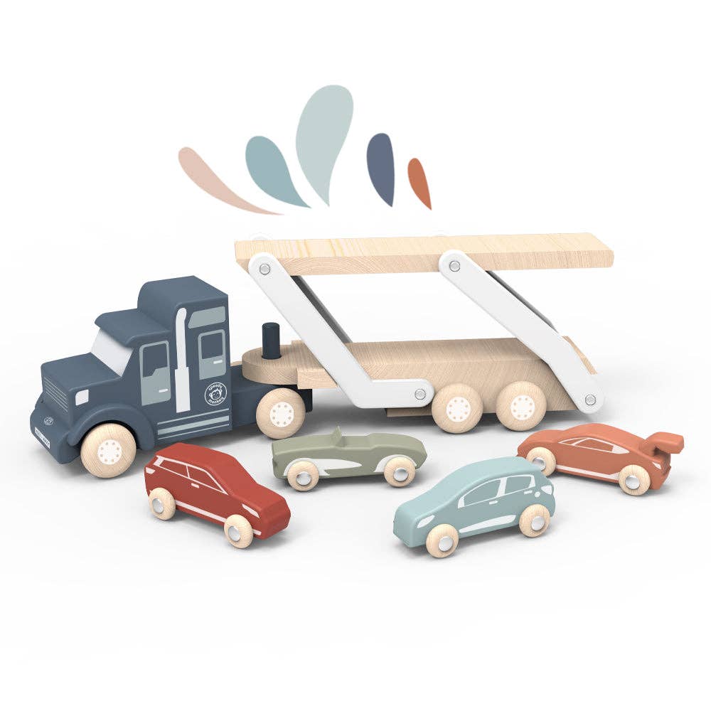 Speedy Monkey brand wooden transporter truck with moveable parts and 4 vehicles.