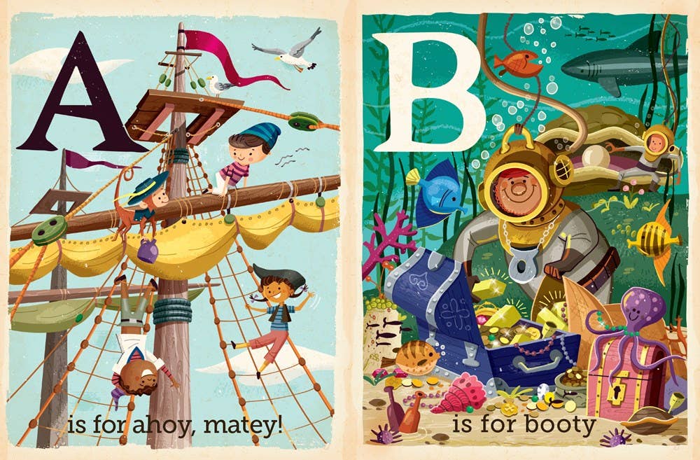 Toddler alphabet board book with pirates, ahoy matey and treasure.