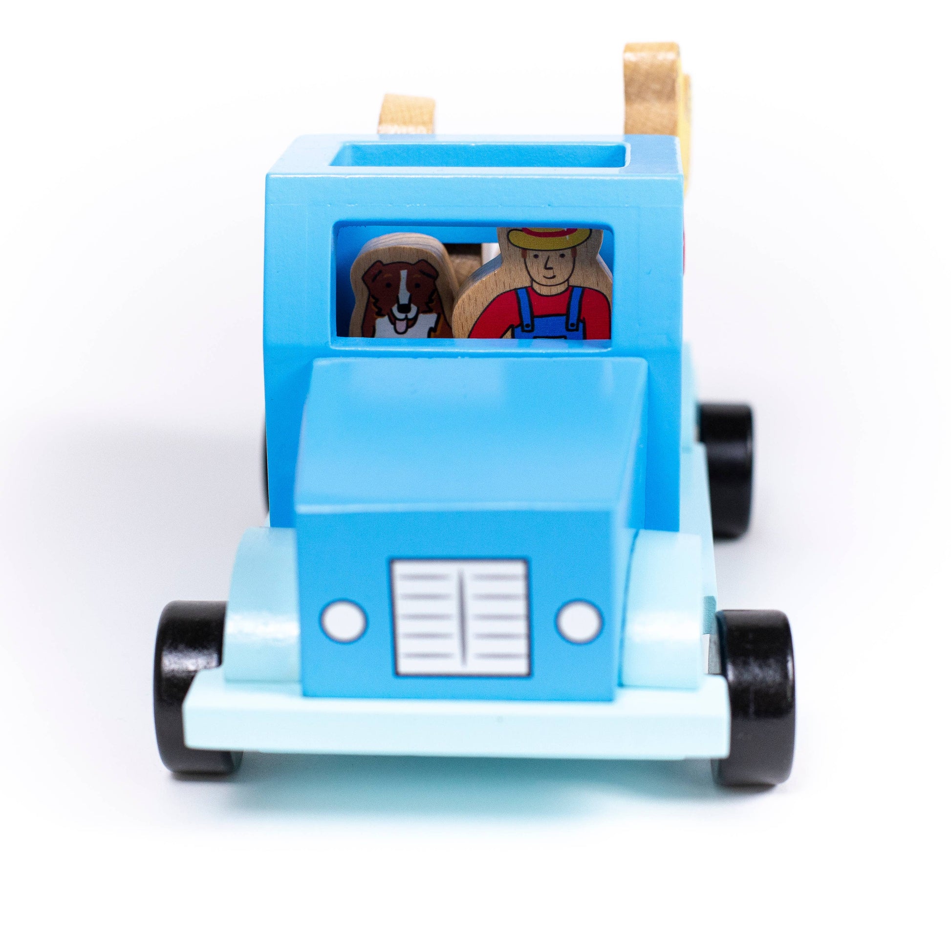 Jack Rabbit brand little blue truck play set with farmer and barn animals for pretend play.