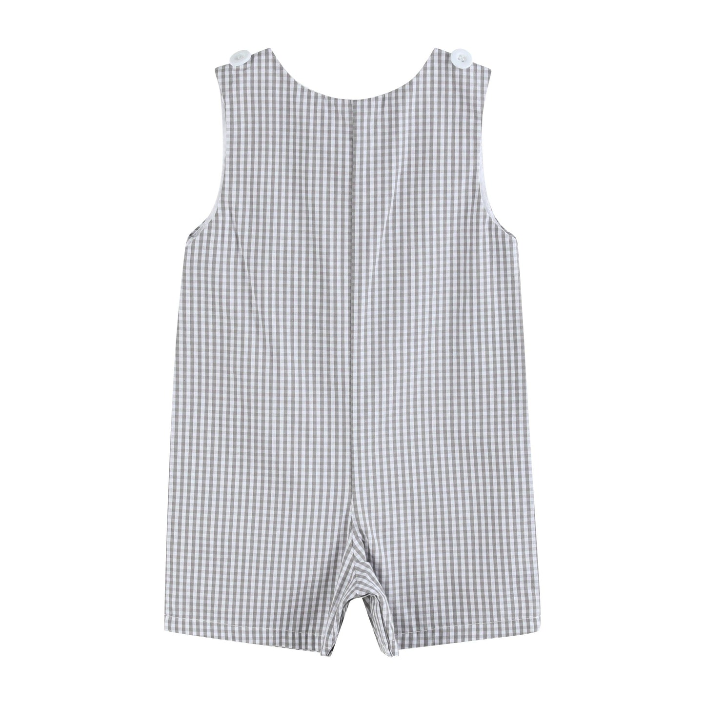 Lil Cactus brand grey gingham shortall with golf applique for baby boy is lightweight for spring and summer