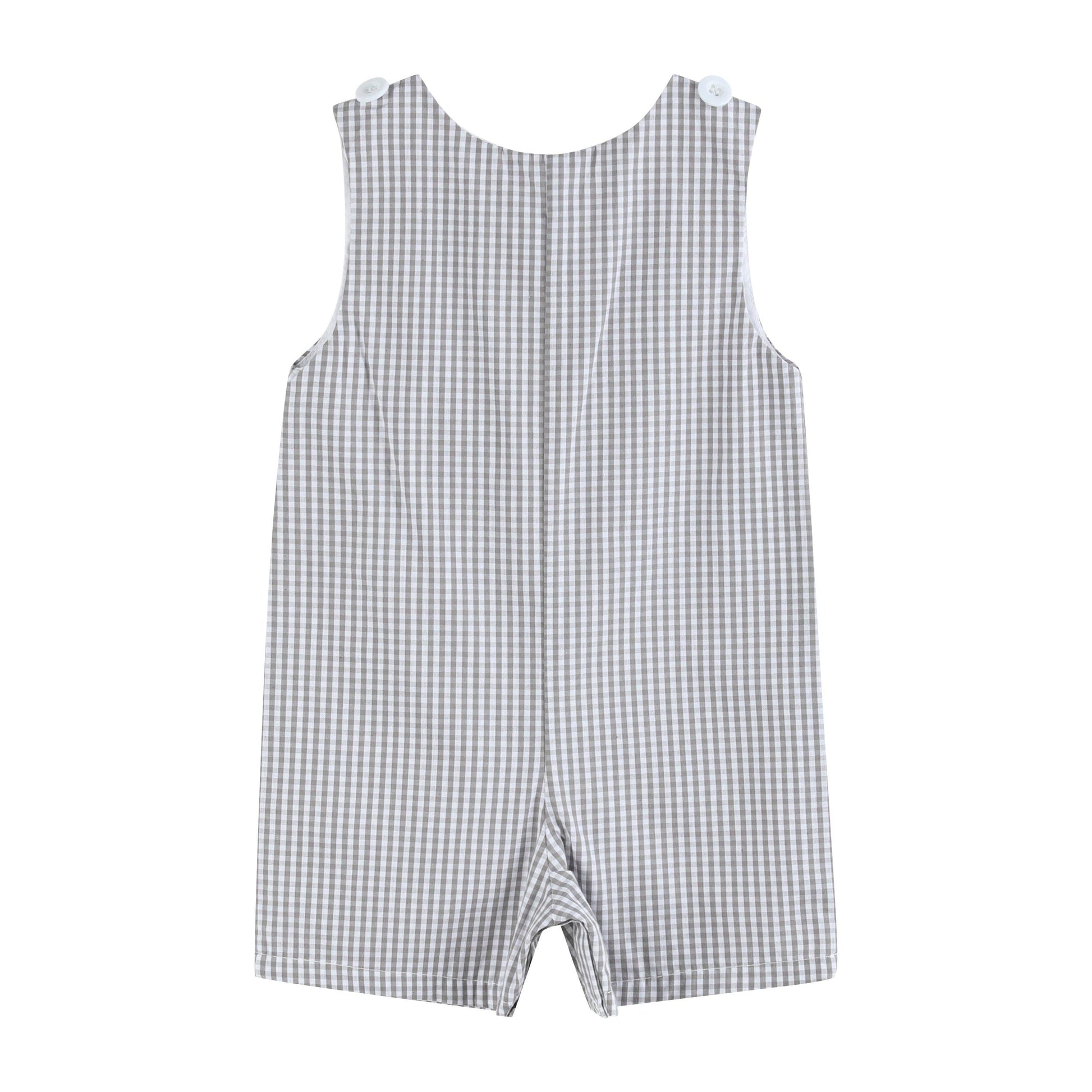 Lil Cactus brand grey gingham shortall with golf applique for baby boy is lightweight for spring and summer