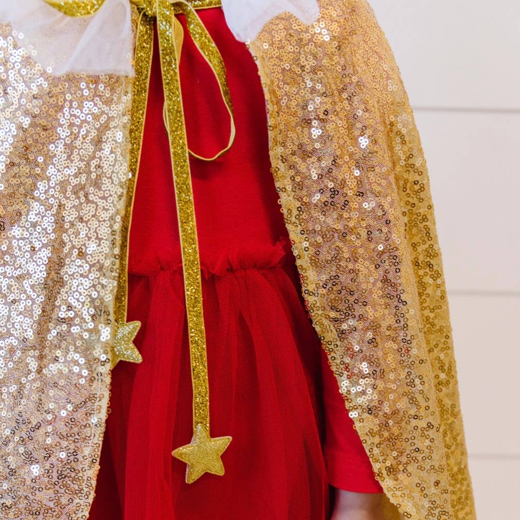 Gold sequin cape with star and glitter ties for dress up