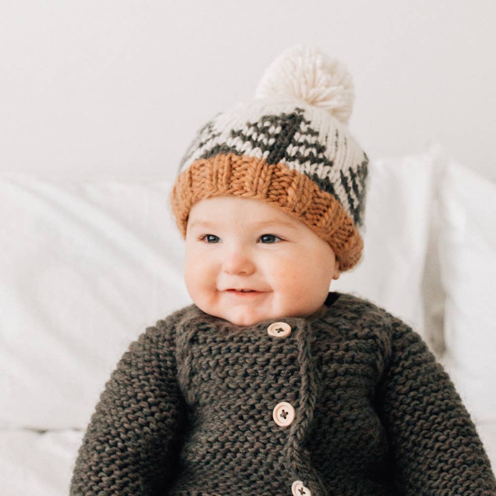 handknit beanie with forest trees in neutral natural colors