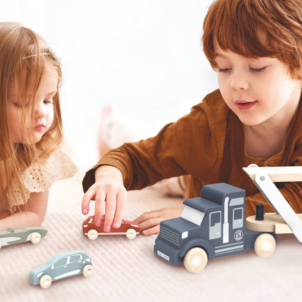 Speedy Monkey brand eco-friendly car transporter truck with 4 vehicles for children to play with.