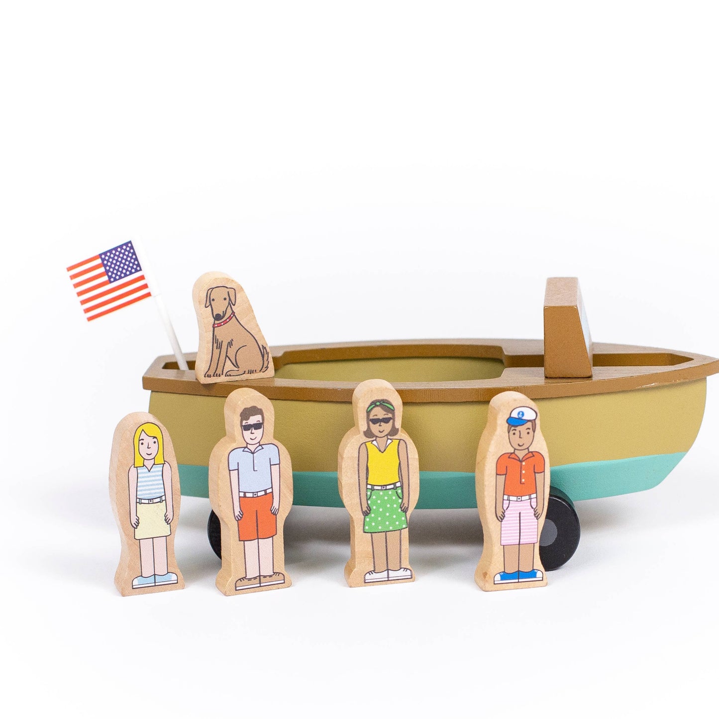 Jack Rabbit brand wooden boat and figure magnetic playset toy for pretend play.