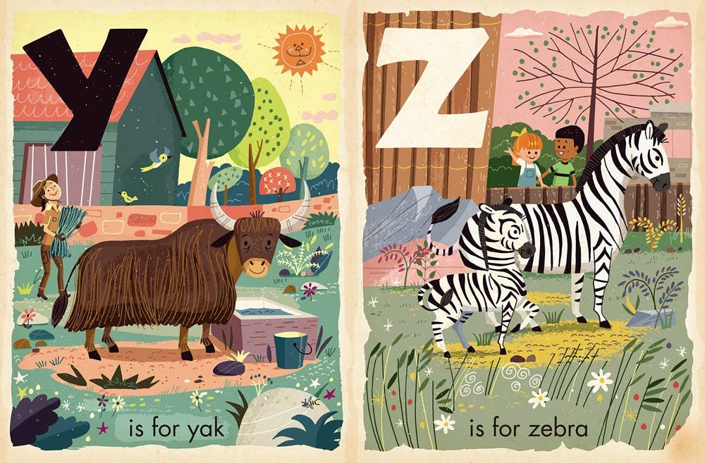 Alphabet board book with zoo illustrations for toddlers of yaks and zebras.