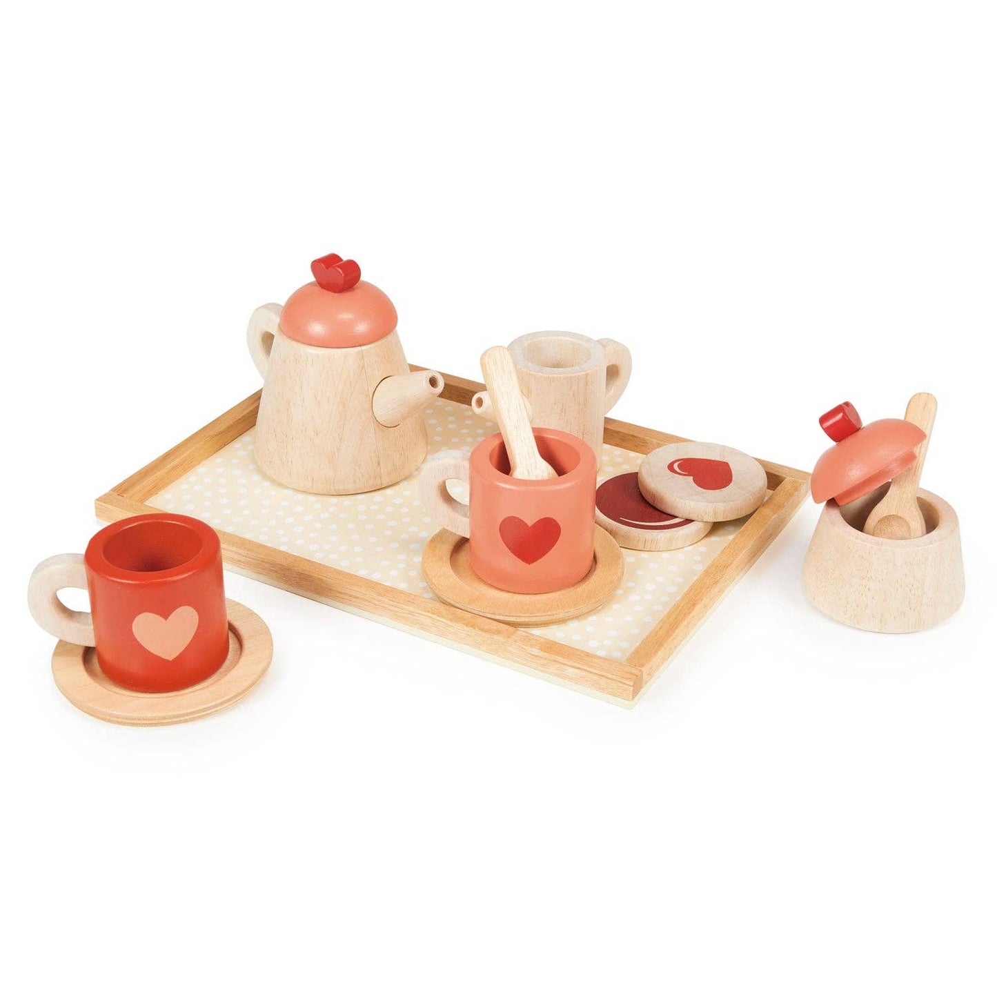 Mentari brand sustainable tea set toy in natural colors with pink and red hearts for valentine's day.