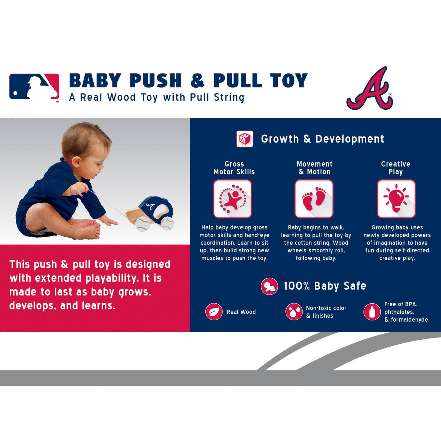 Atlanta Braves baseball wooden push and pull toy makes the best gift for babies