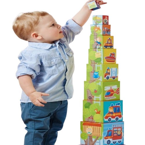 Stacking tower of boxes for building and constructive play