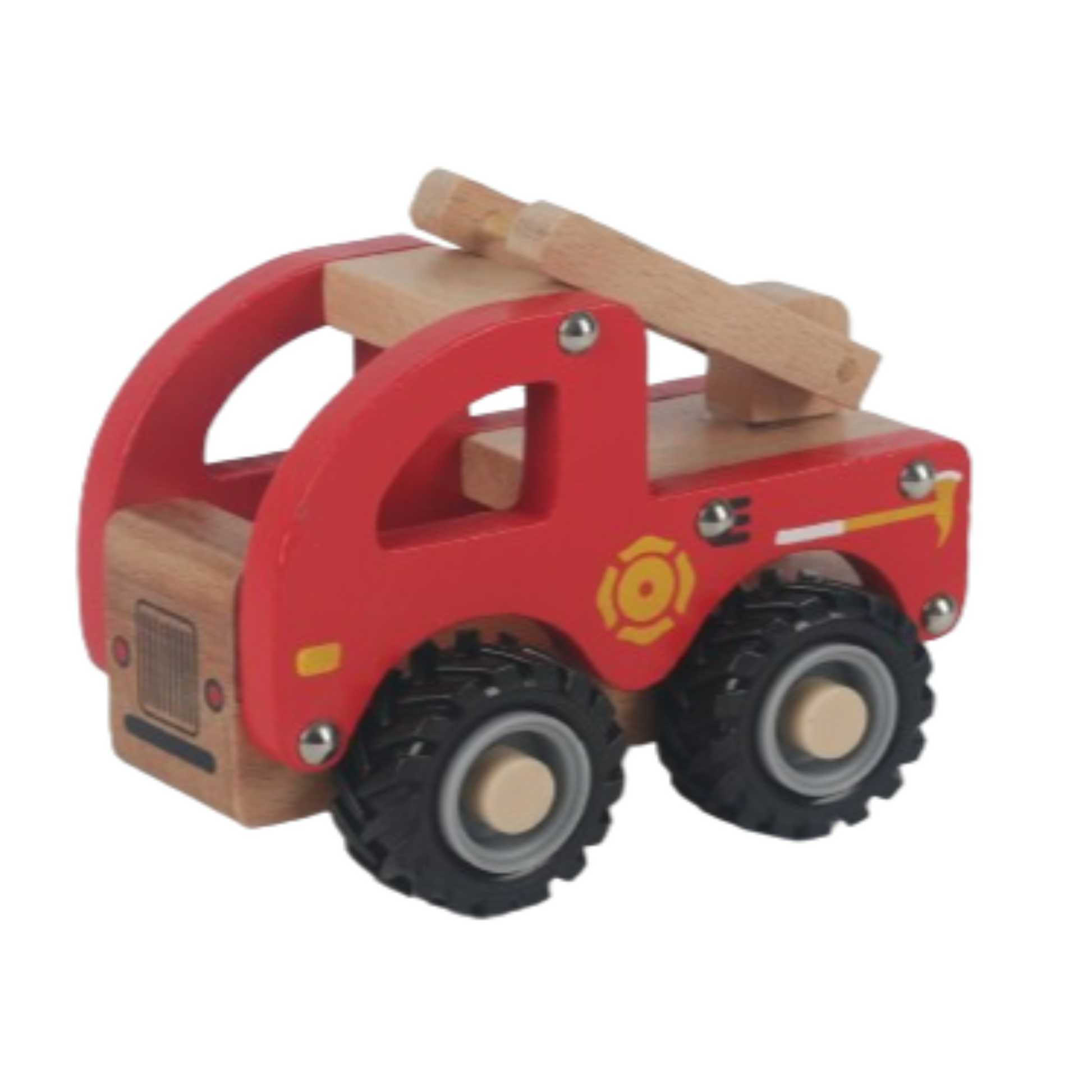 Red wooden fire truck with moveable ladder for pretend play.