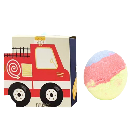 Musee brand firetruck bath balm is handmade in the USA and has toy surprise inside for your child.