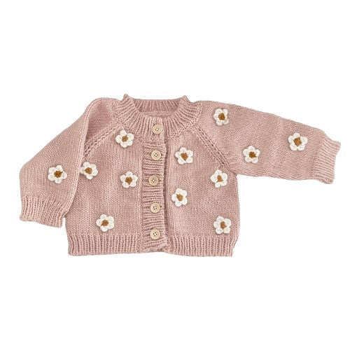 Pink cardigan sweater with knit daisy flowers