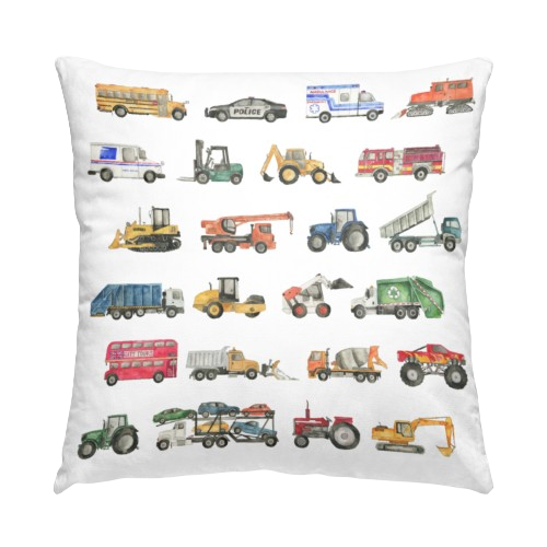 18x18 pillow cover with watercolor vehicles