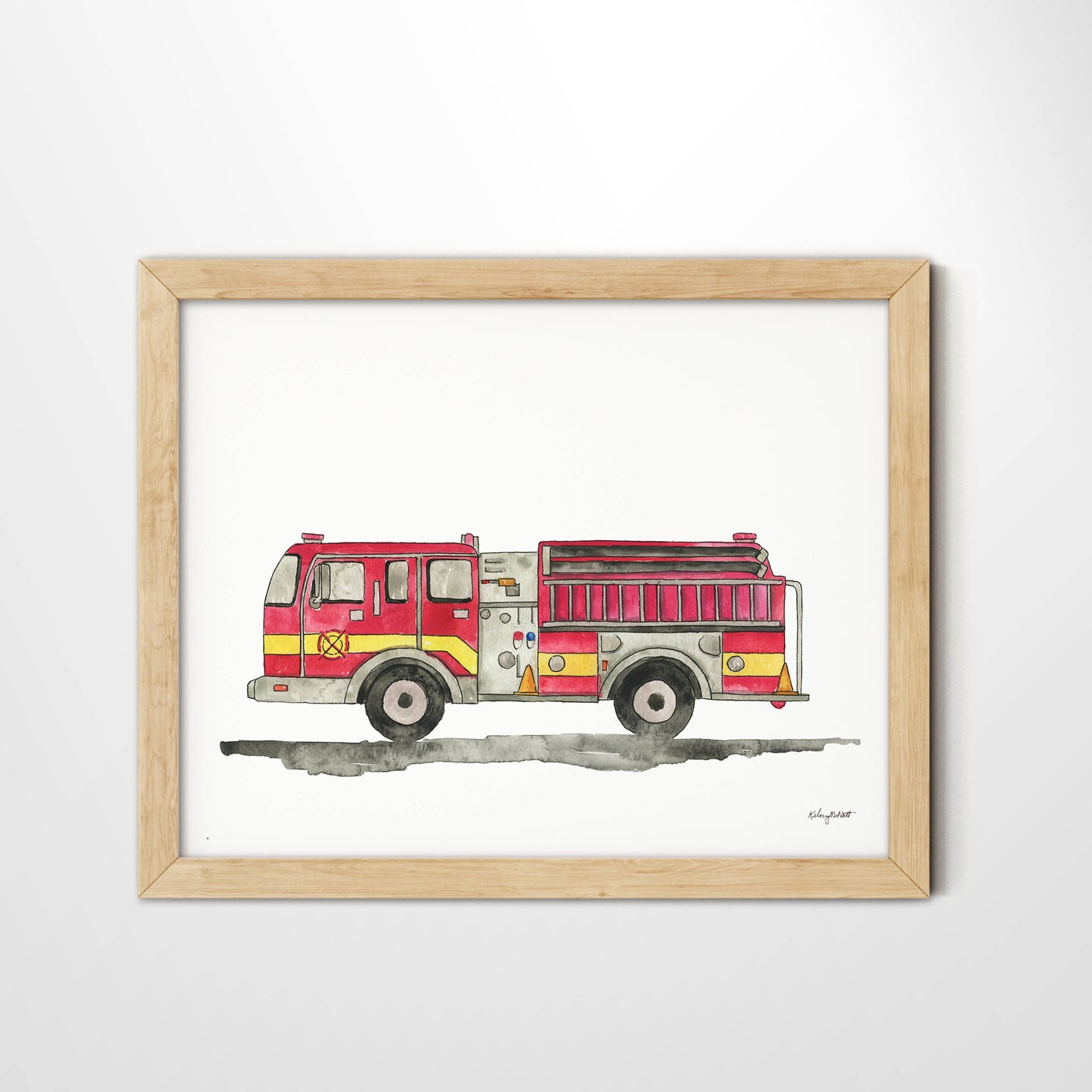 Watercolor firetruck print for boys room decor