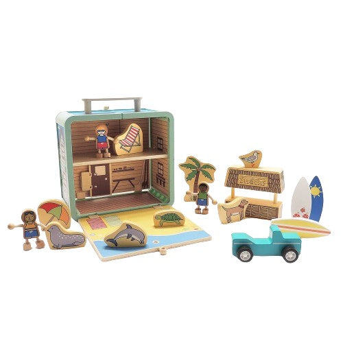 Surf shack beach play set in travel case with wooden people, animals, trucks and surfboards