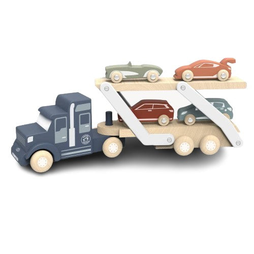 Speedy Monkey brand wooden car transporter truck with 4 vehicles.