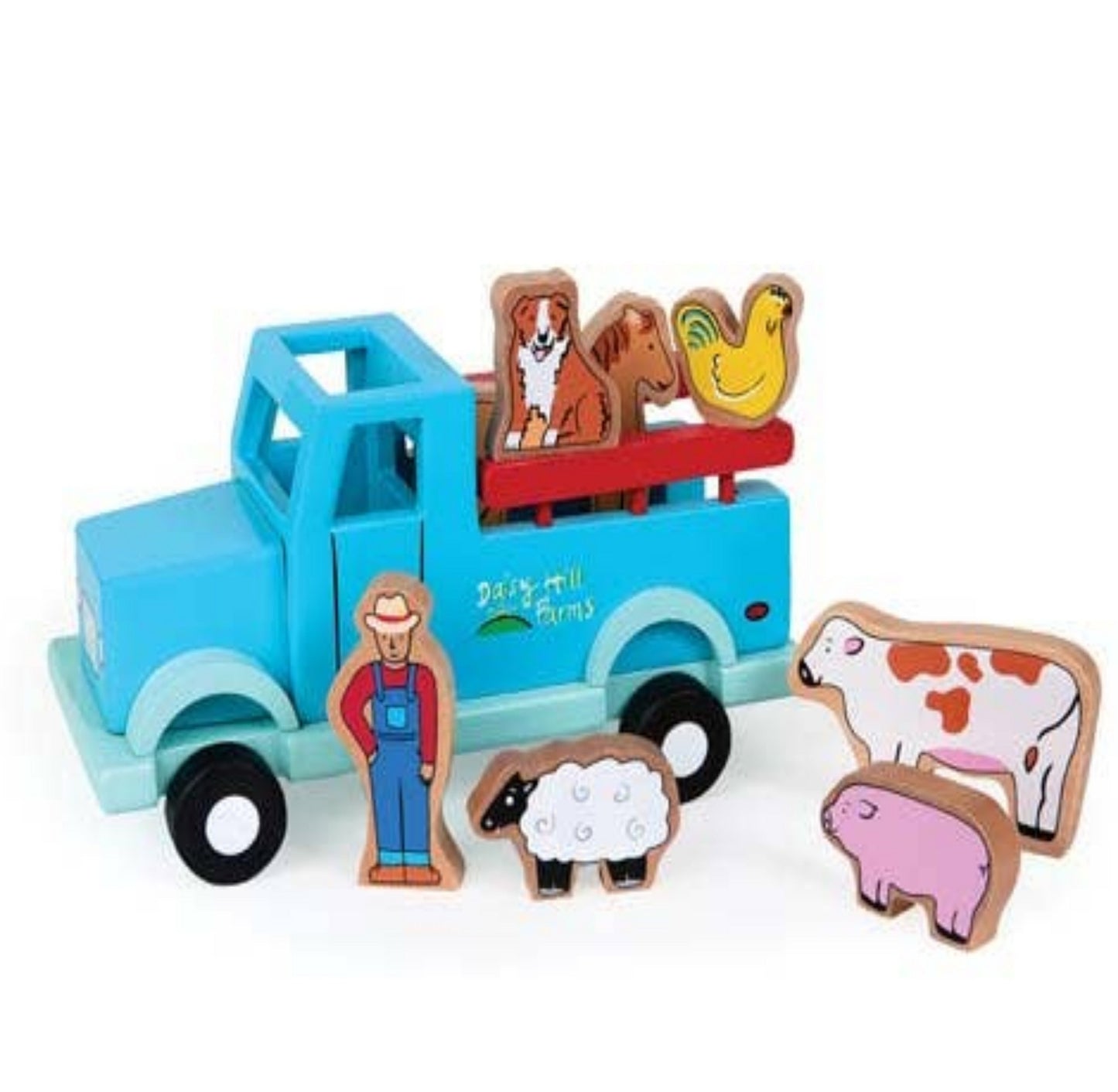 Jack Rabbit brand wood farm truck toy with farm animals play set.