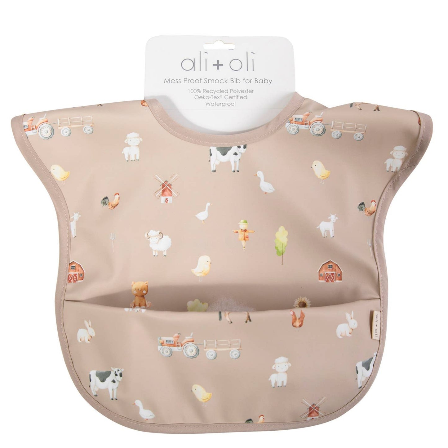 Oeko-tex certified waterproof smock bib in farm print