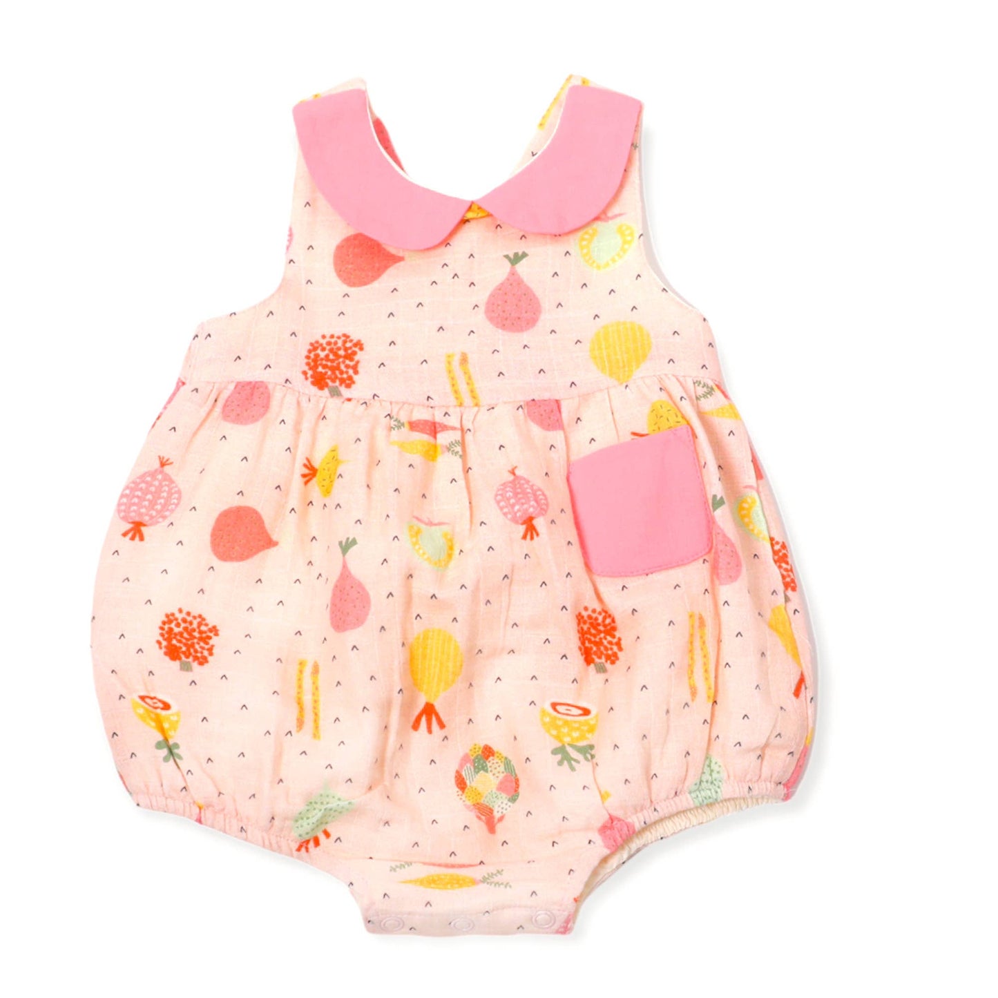 Viverano Organics brand organic baby bubble in pink with fruit salad print for baby girls.