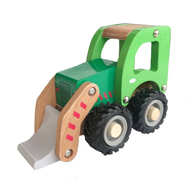 Wooden green front loader truck toy with moveable loader bucket for pretend play.