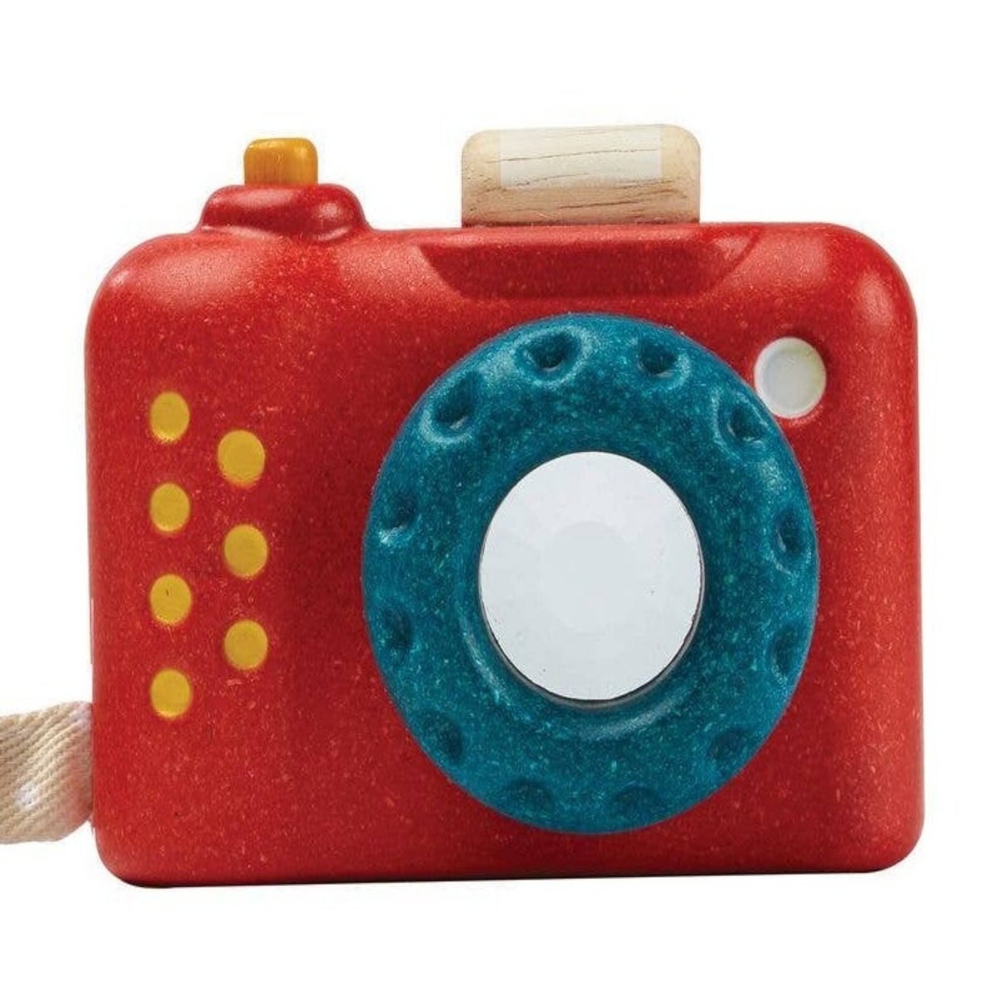 Red play camera with strap and button for pretend play