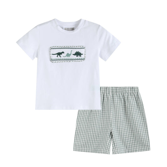 Lil Cactus brand smocked dinosaur shirt and short set for toddlers.