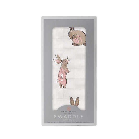 Newcastle Classics bamboo swaddle for baby with bunny print.