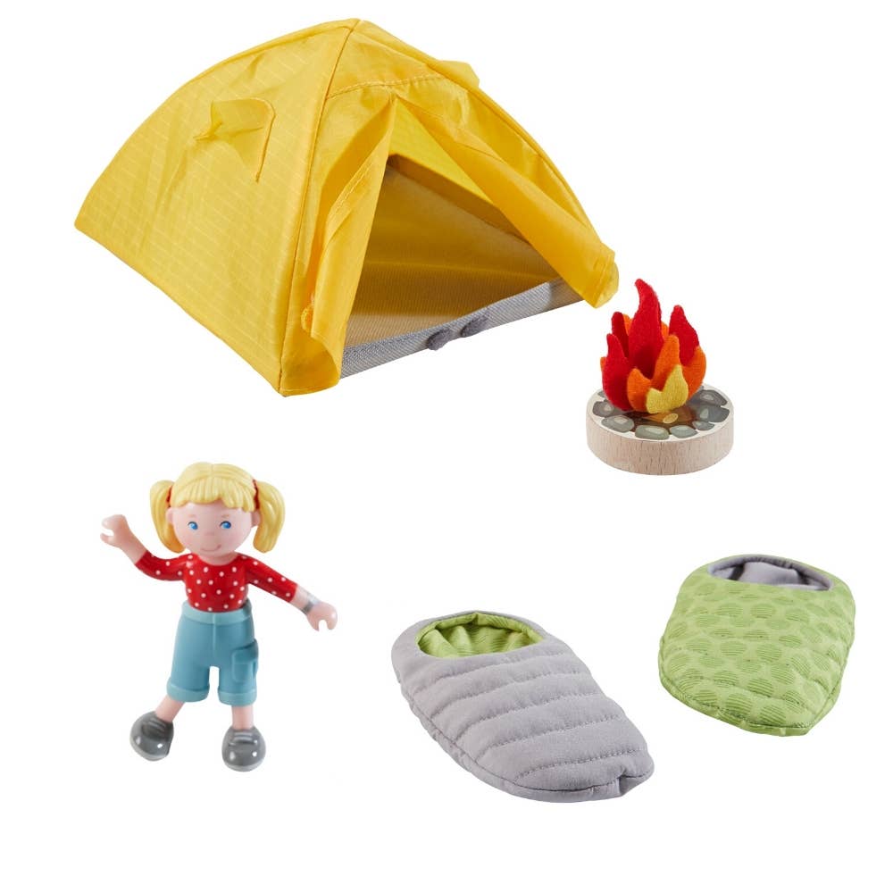 Camping playset toy for kids gift. Includes tent, firepit, sleeping bags and doll