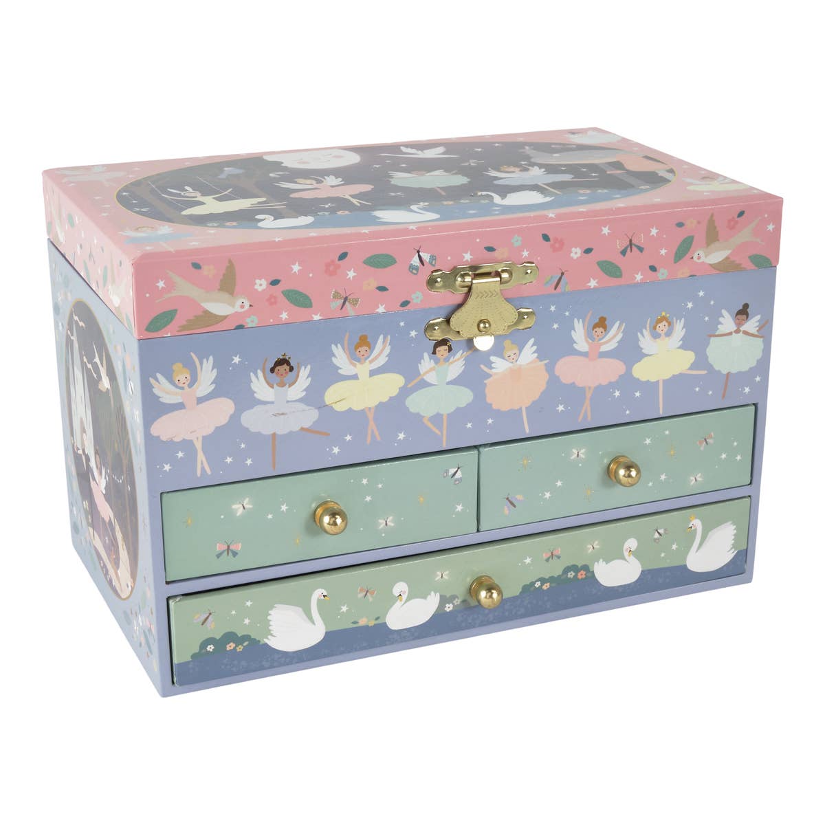 Swan Lake ballerina musical jewelry box with 3 drawers