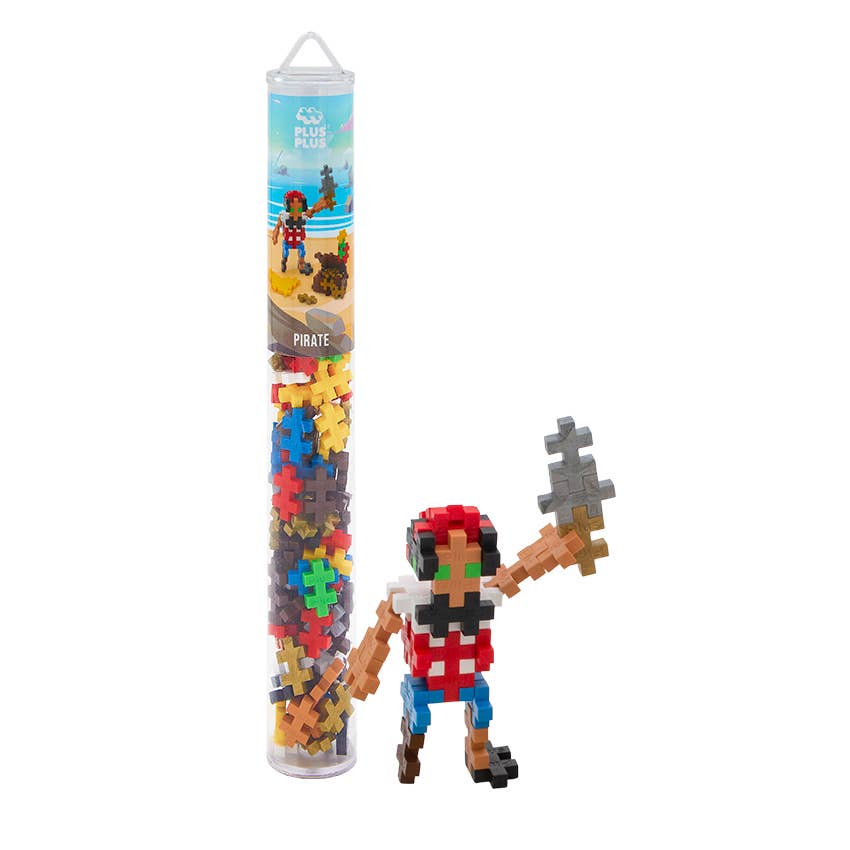 Plus Plus brand mini building blocks to create a pirate, parrot and treasure box.