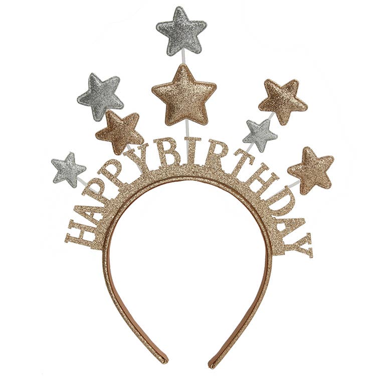 Sparkle Sisters brand Happy Birthday star headband with gold and silver shimmer for kids' celebrations.