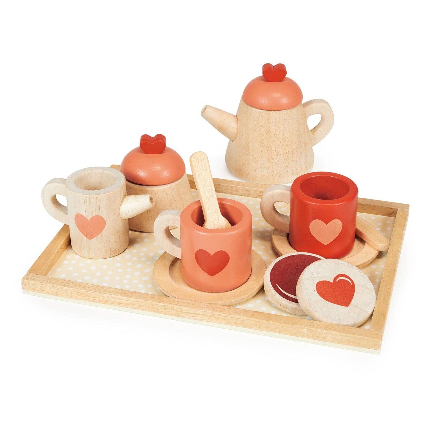 Mentari brand wooden tea set with hearts for valentine's day girl gift.