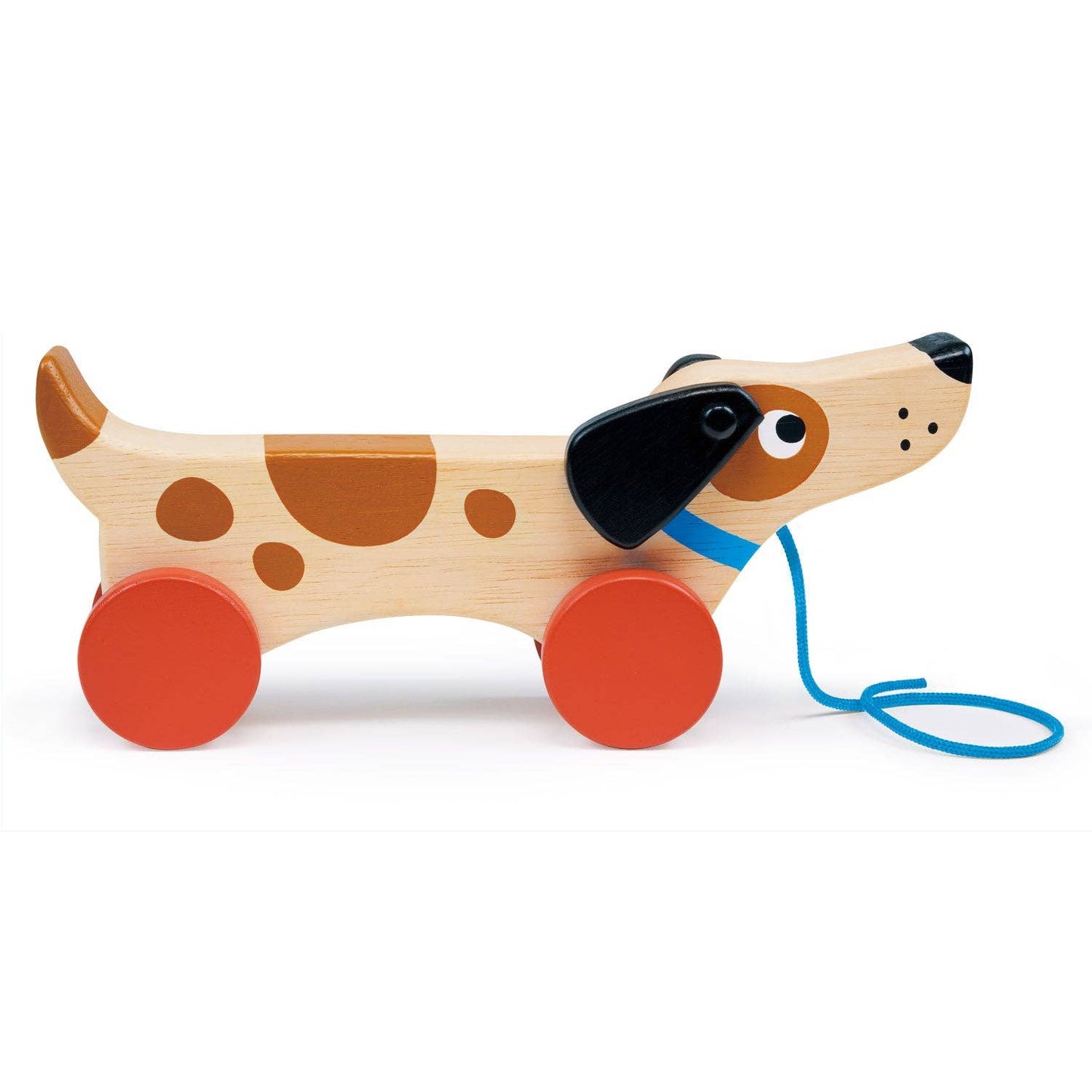 Mentari brand quality wooden puppy dog toy on wheels to pull along in pretend play.