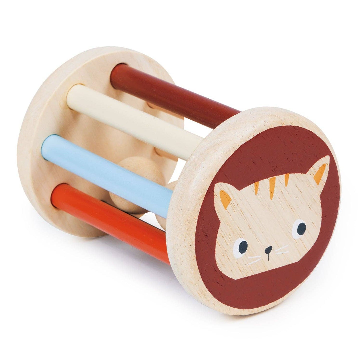 Mentari brand kitten rattle toy has two wooden balls held inside a wooden rattle.