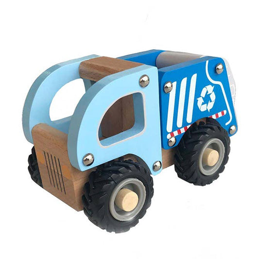 Wooden blue recycle truck with moveable part for pretend play.