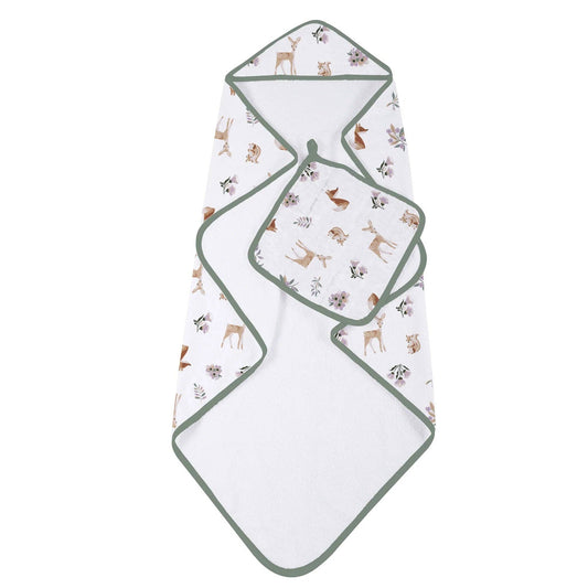 Newcastle brand 100% cotton muslin hooded towel and washcloth set with woodland print.