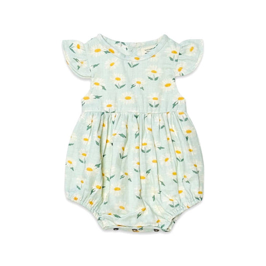 Organic muslin bubble for baby with ethically printed daisy design and ruffle sleeves.