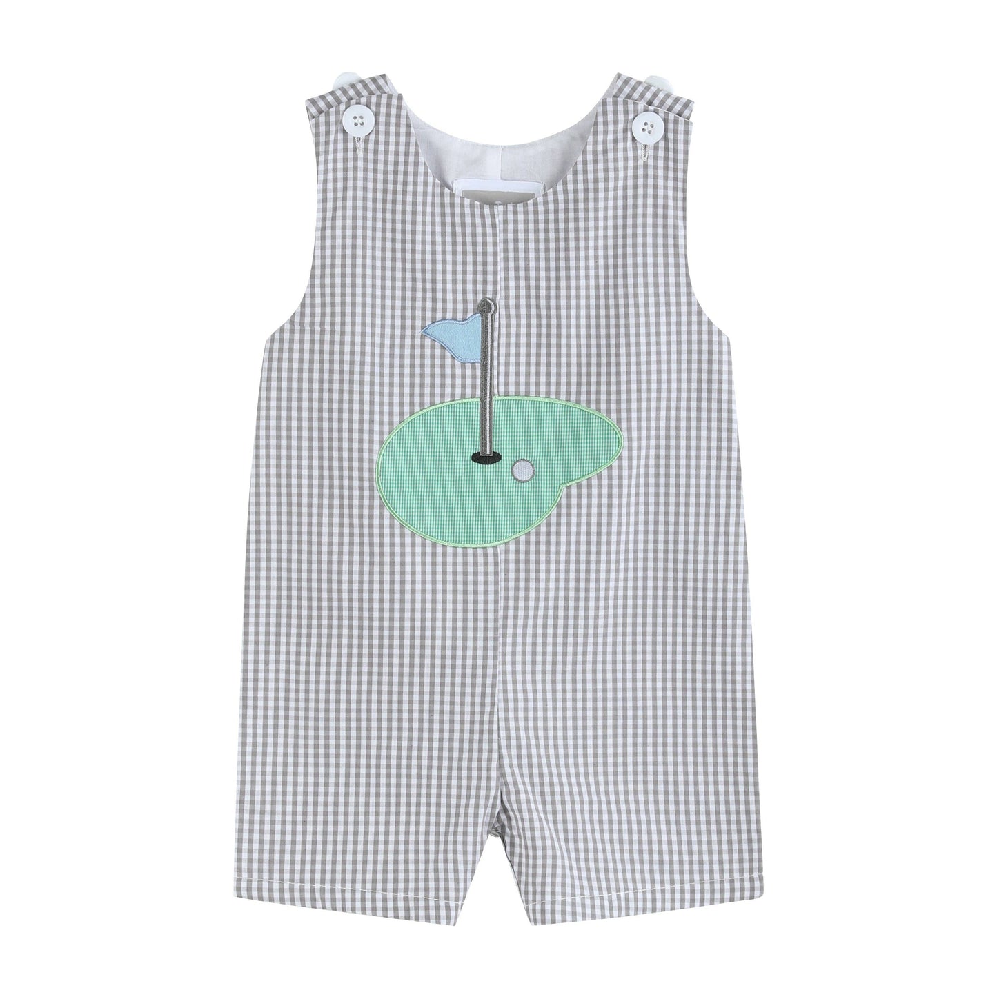 Lil Cactus brand grey gingham shortall with golf applique for baby boy.