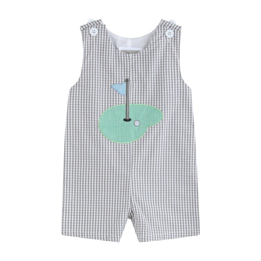 Lil Cactus brand grey gingham shortall with golf applique for baby boy.