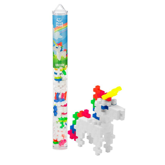 Plus Plus brand mini building blocks for constructing a unicorn.