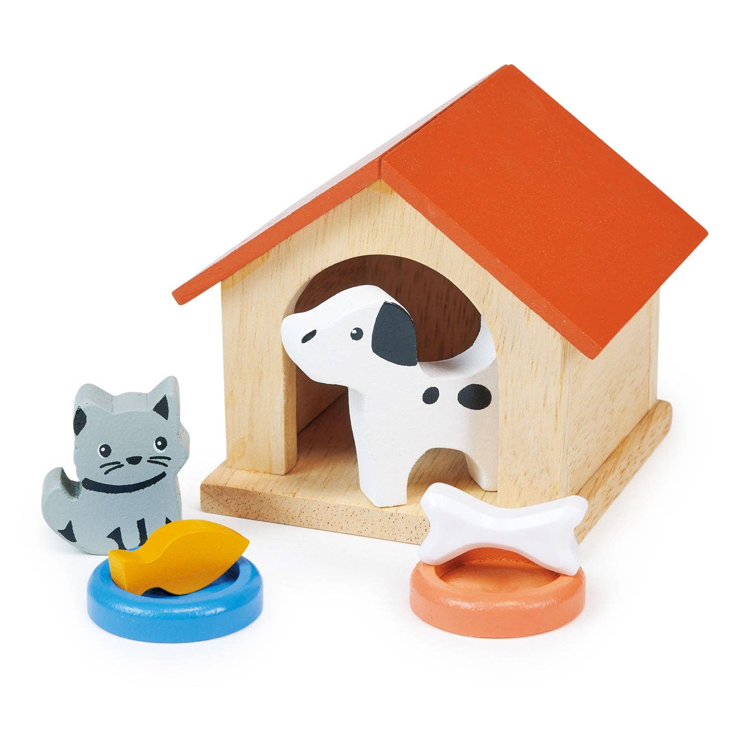 Mentari brand eco-friendly wooden pet playset toy with dog house, dog, cat and food.