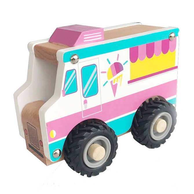 Wooden snow cone truck in bright colors with moving parts to promote pretend play.