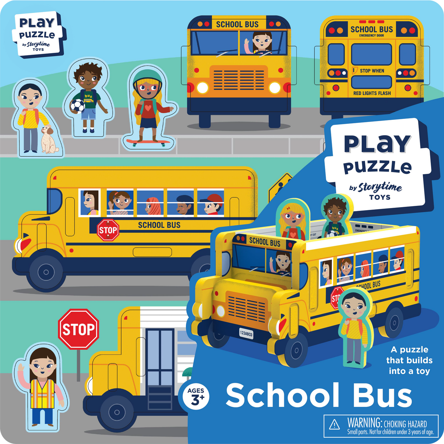 Storytime Toys brand school bus play puzzle that you build into a yellow school bus with school kids to pretend.