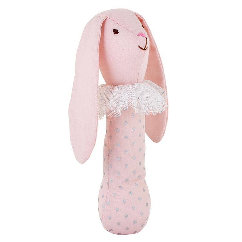 Pink dressed up bunny rattle for easter