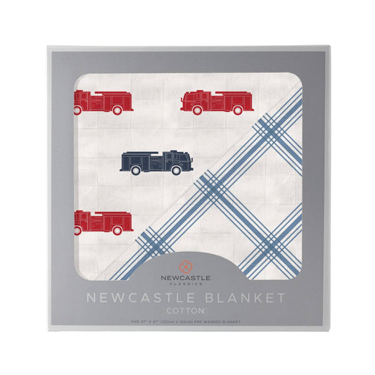 100% natural cotton muslin blanket with firetrucks and plaid print