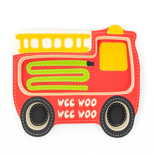 Eco-friendly and sustainable toddler mealtime Firetruck theme plate with a fire engine that says wee woo